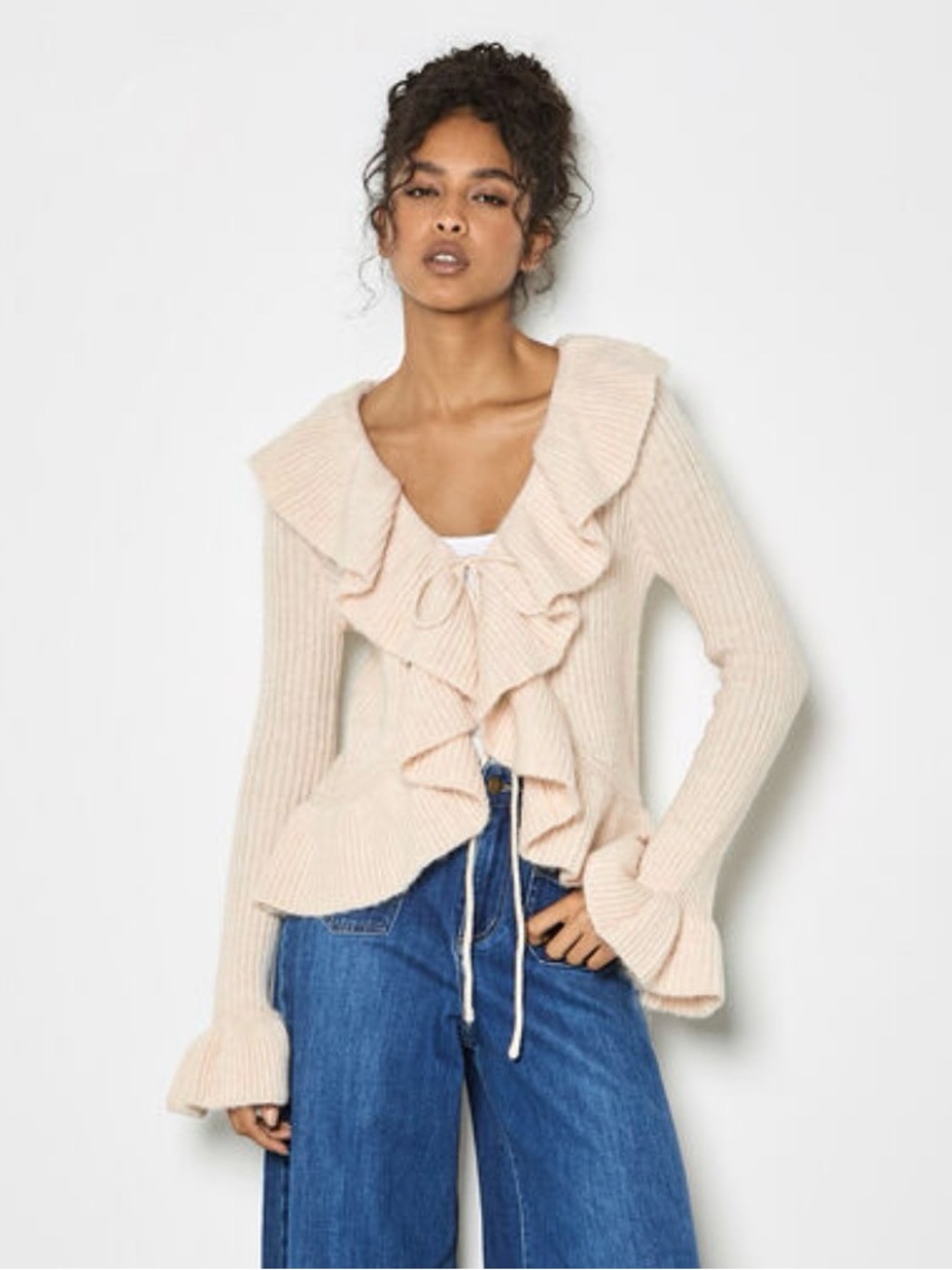 🪞🕊️NWOT Ribbed Ruffle Sweater Light Tan Knit Soft Collared Blend XS/Never Worn🪞